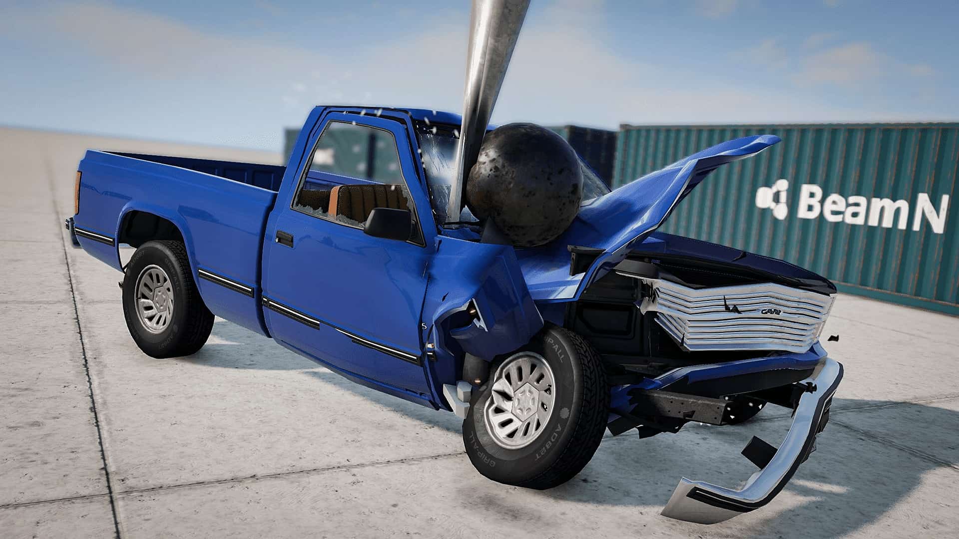 Pickup blu distrutto su BeamNG Drive