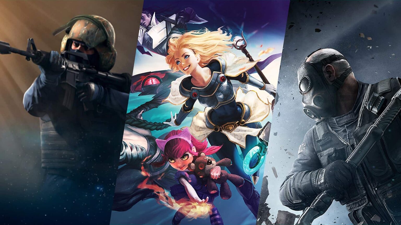 Collage di anteprime per CSGO LOL e Rainbow6 Siege
