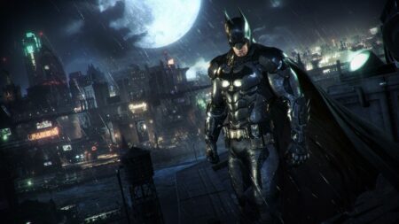 batman arkham knight batman in posa sopra Gotham City